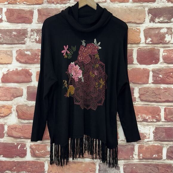 Desigual Sweaters - Desigual Sweater Women's EU Medium Black Multicolor Boho Mandala Floral Fringe